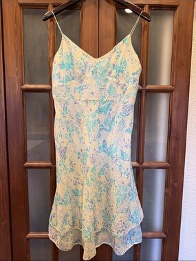 Ann Taylor Petite Silk Floral Slip Dress in Aqua and Cream